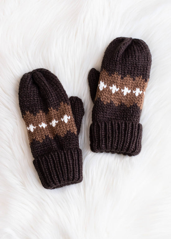 Dark Brown Patterned Knit Mittens