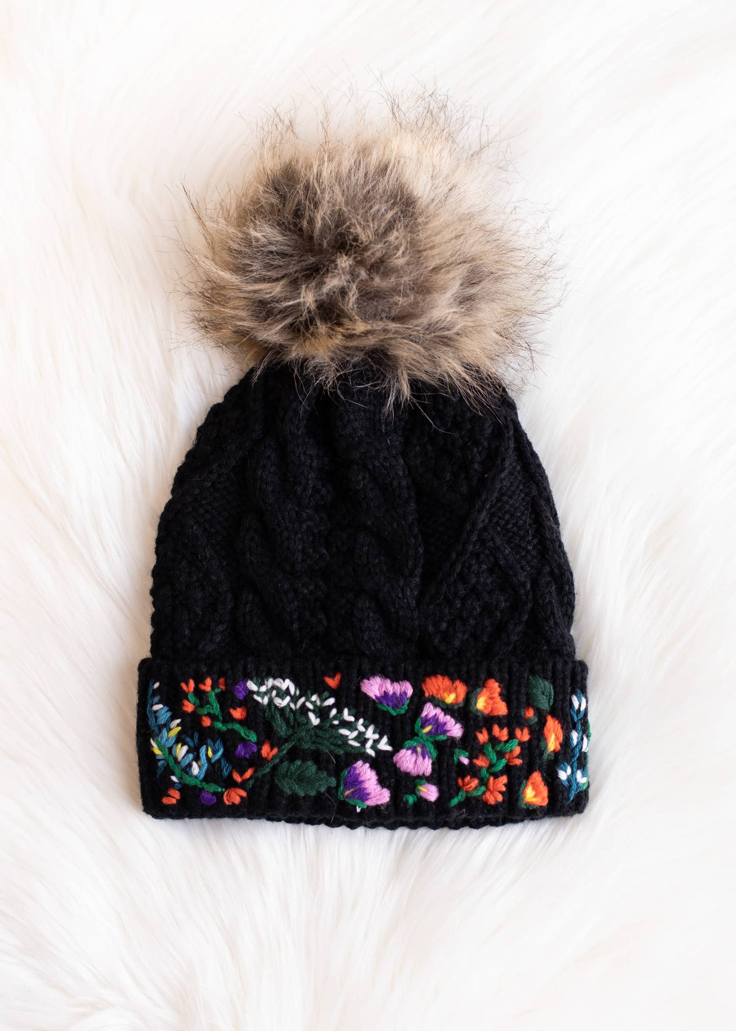 Luxe Black w/ Floral Pattern Cuff Pom Hat