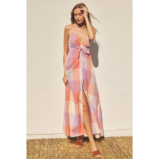 Pastel Checkered Knot Front Maxi Dress