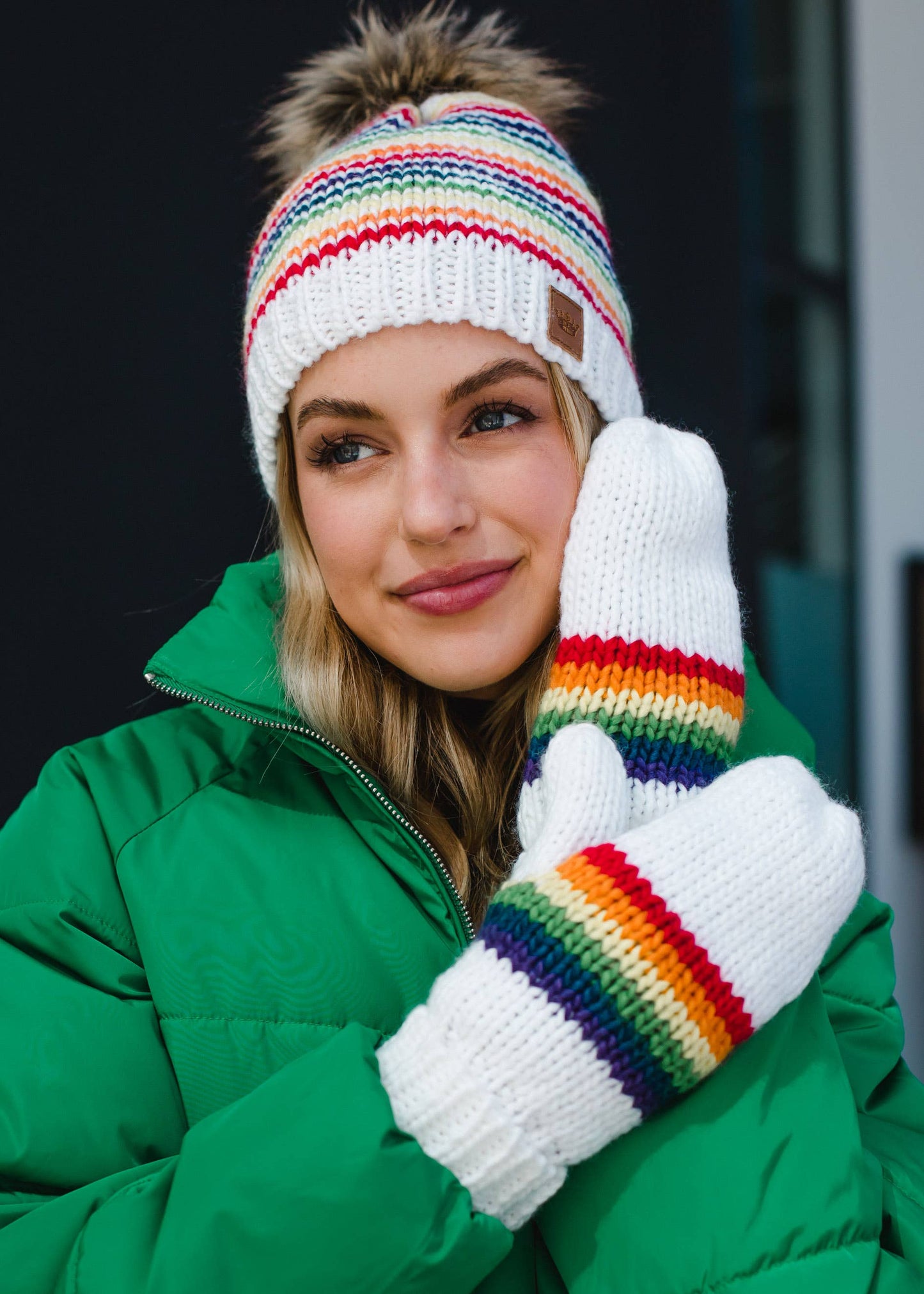 White & Rainbow Striped Pom Hat