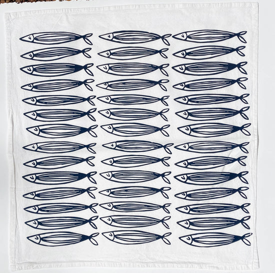 White Sardines 20" Tea Towel - Silkscreened 100% Cotton