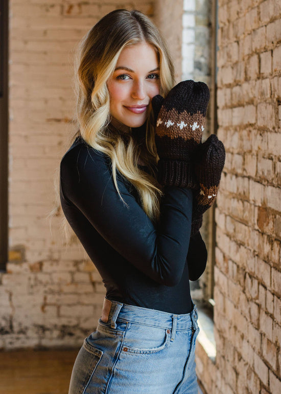 Dark Brown Patterned Knit Mittens