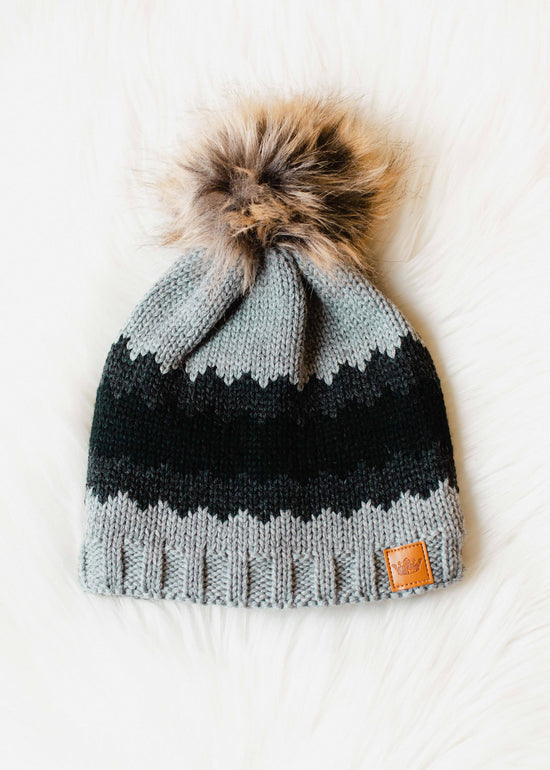 Gray, Charcoal & Black Patterned Pom Hat