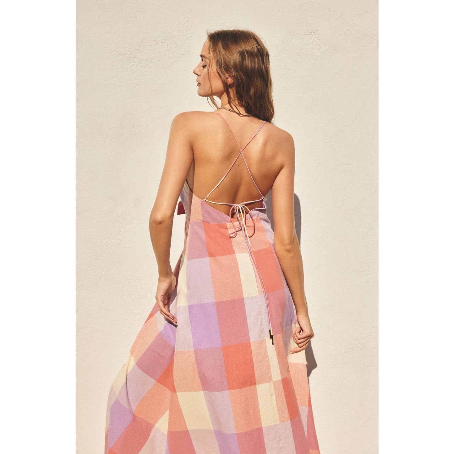 Pastel Checkered Knot Front Maxi Dress