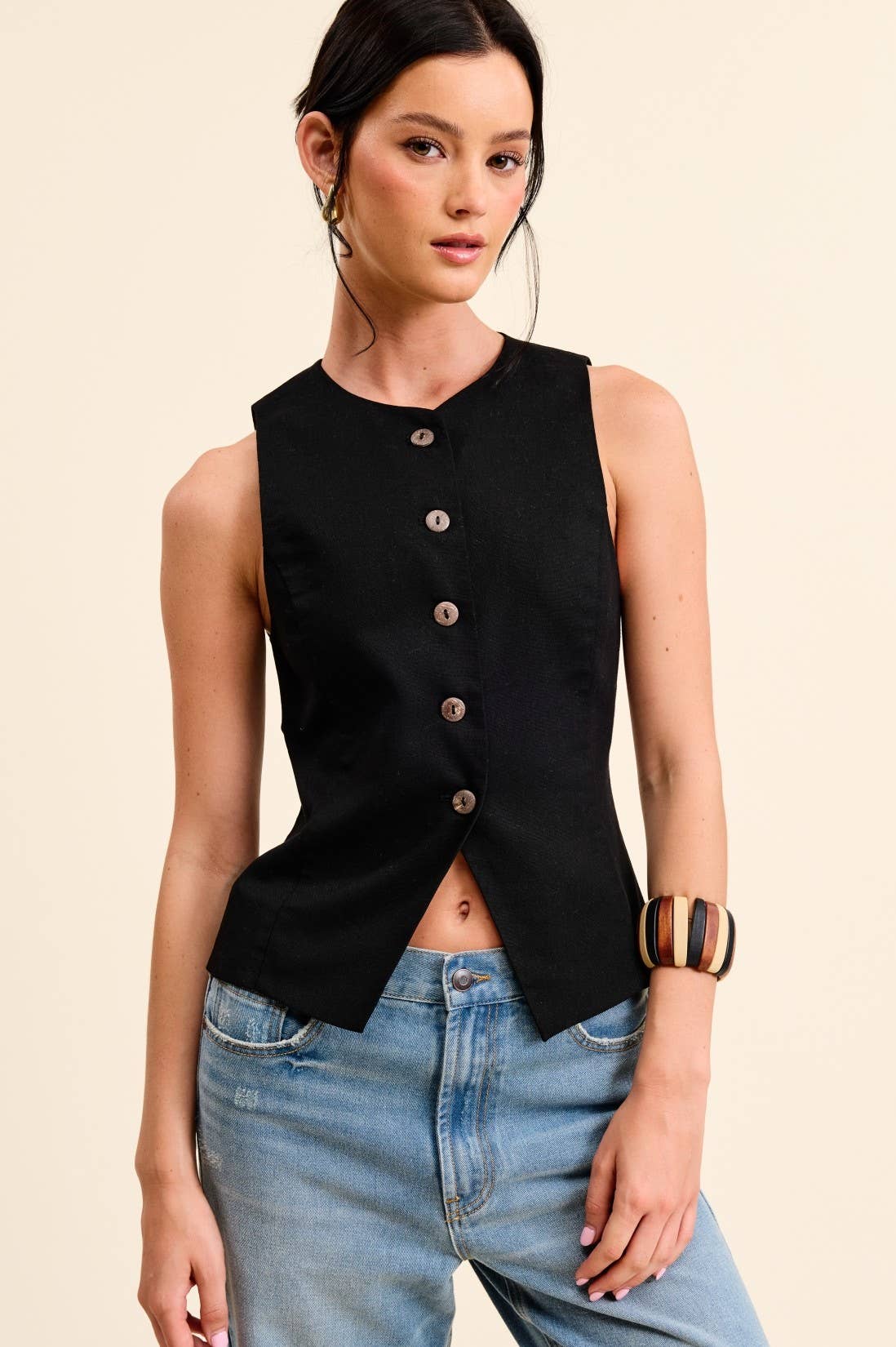 Round-Neck Sleeveless Buttoned Waistcoat Vest