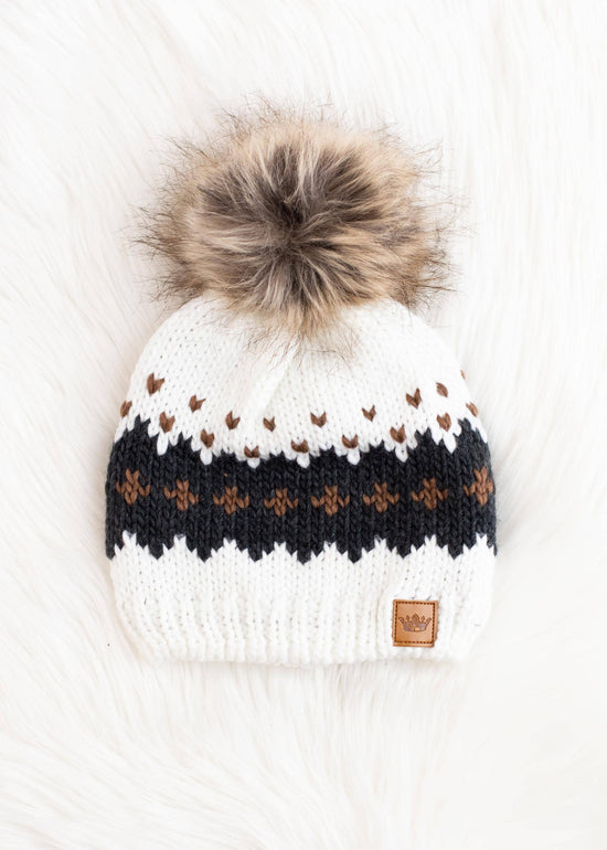 Cream Patterned Pom Hat