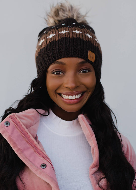 Dark Brown Patterned Pom Hat