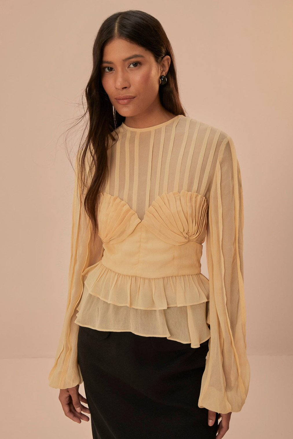 Beige Pleated Bust Blouse