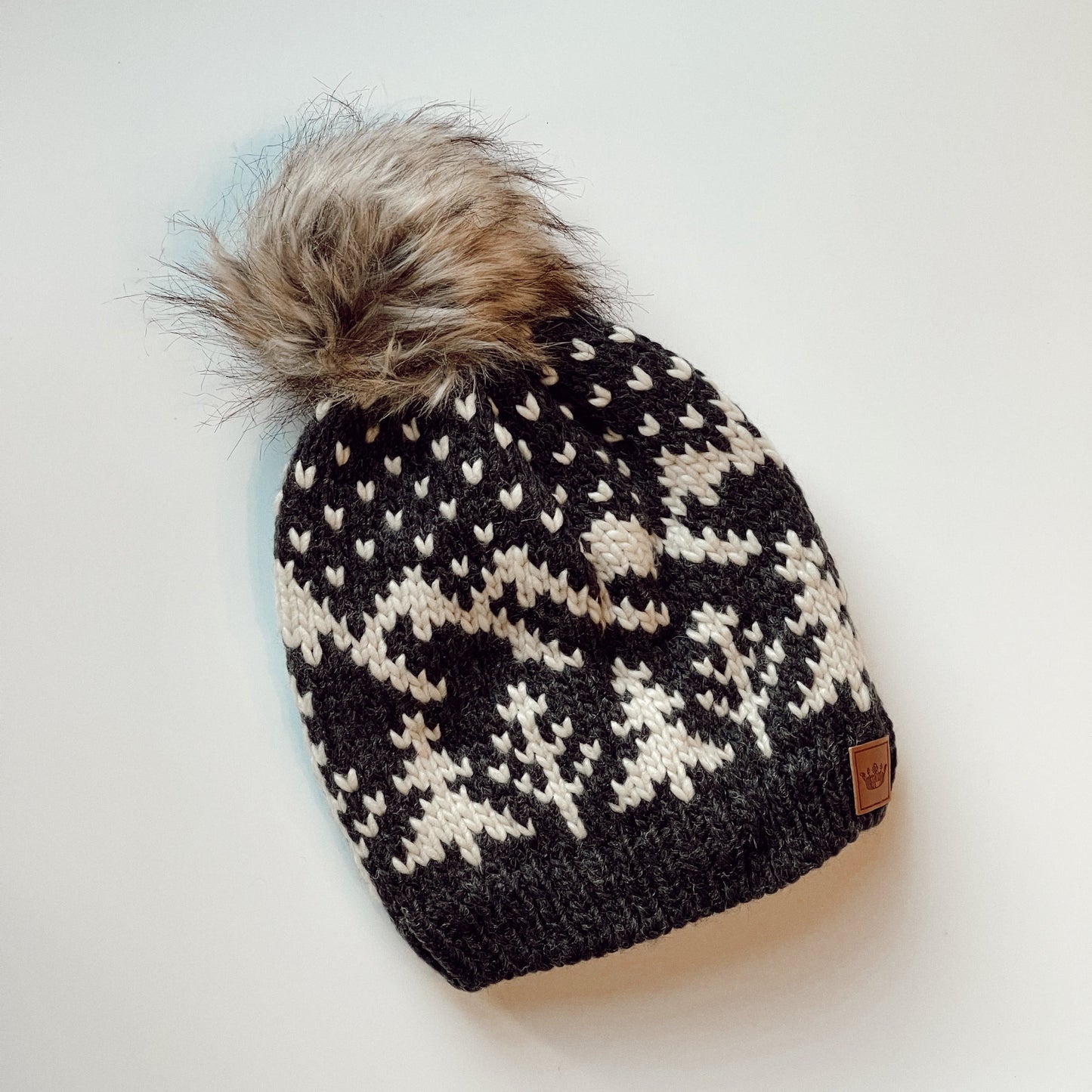 Dark Grey w/ Beige Winter Pattern Pom Hat