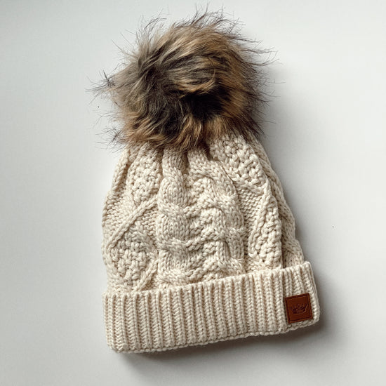 Beige Cable Knit w/ Natural Pom Hat