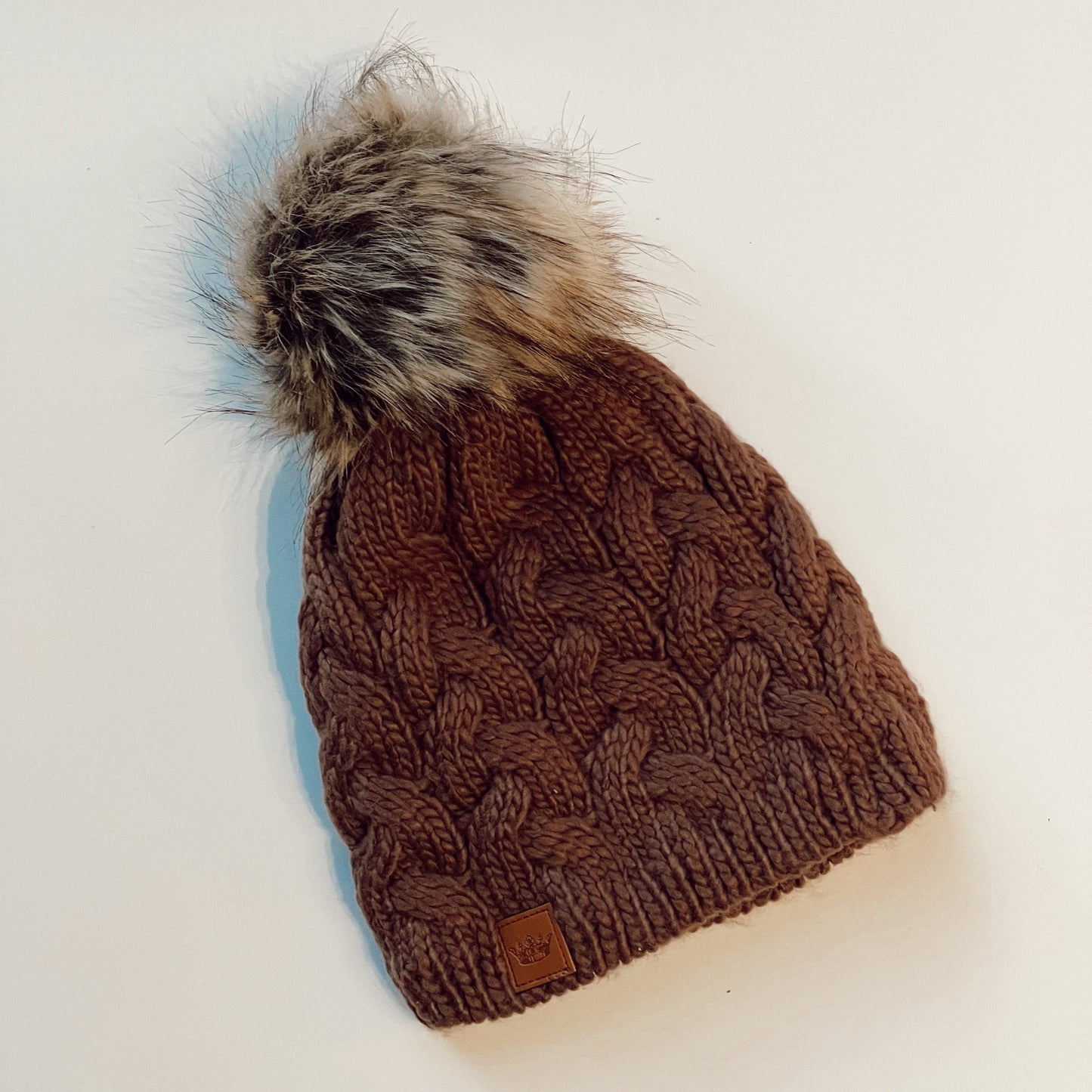 Brown Braided Knit Pom Hat