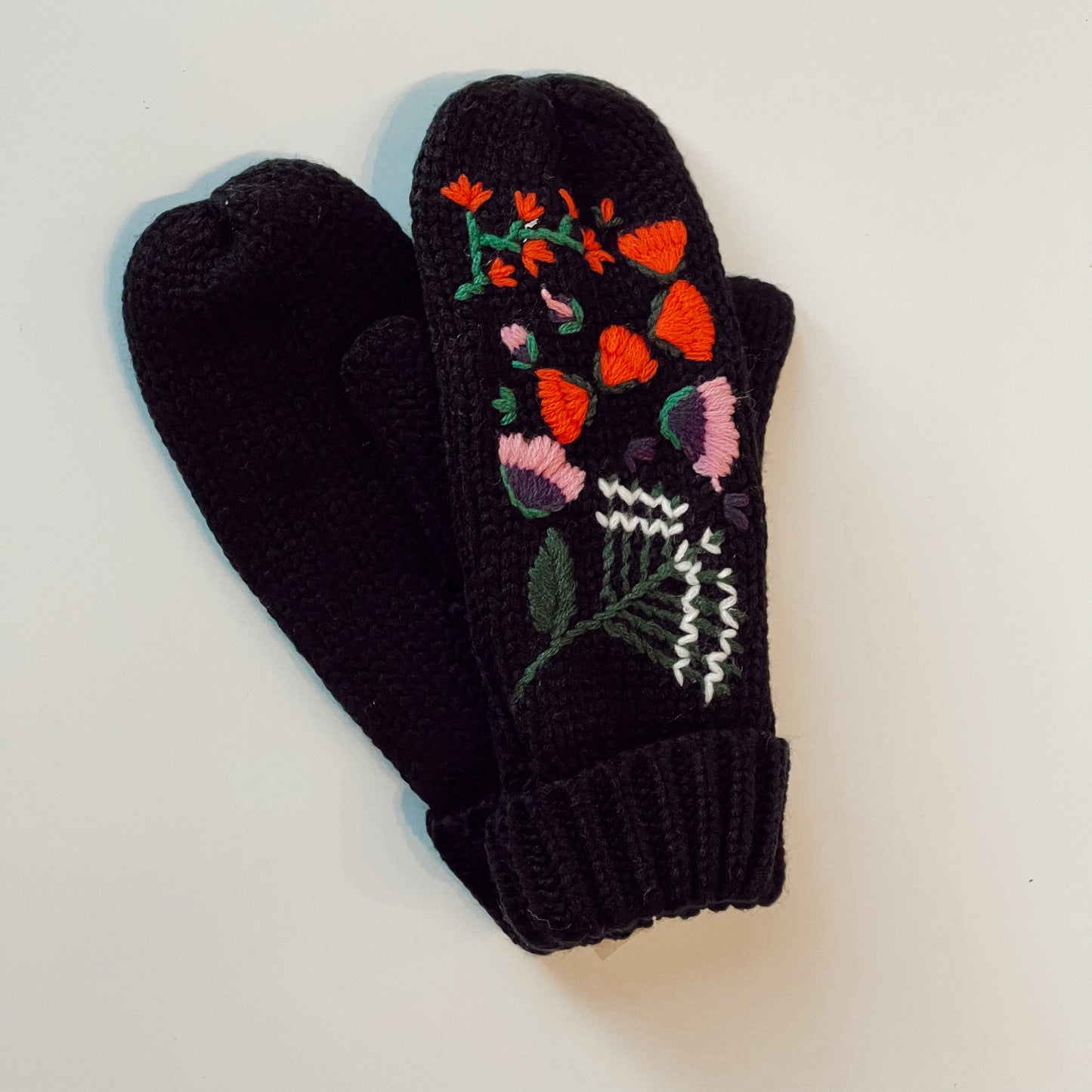 Black Hand Stitched Floral Knit Mittens