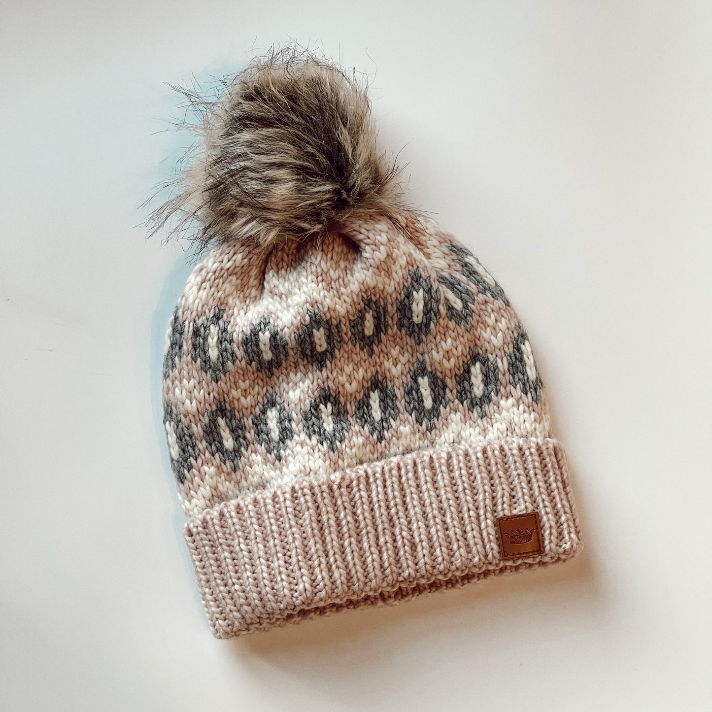 Pink, Grey & Cream Pattern Pom Hat