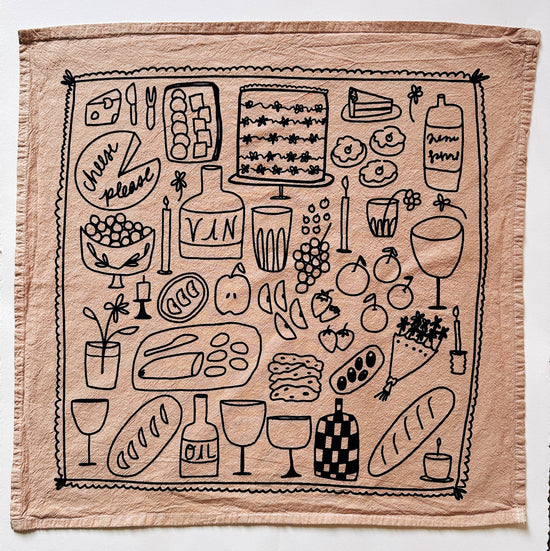 Picnic on Taupe Tea Towel - 100% Cotton