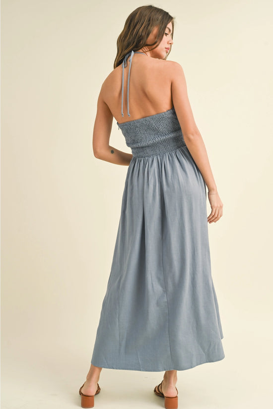 Knotted Halter Midi Dress (Slate Blue)