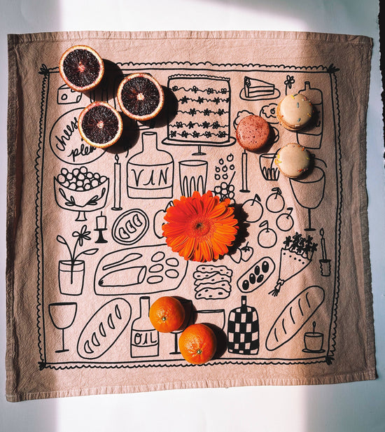 Picnic on Taupe Tea Towel - 100% Cotton