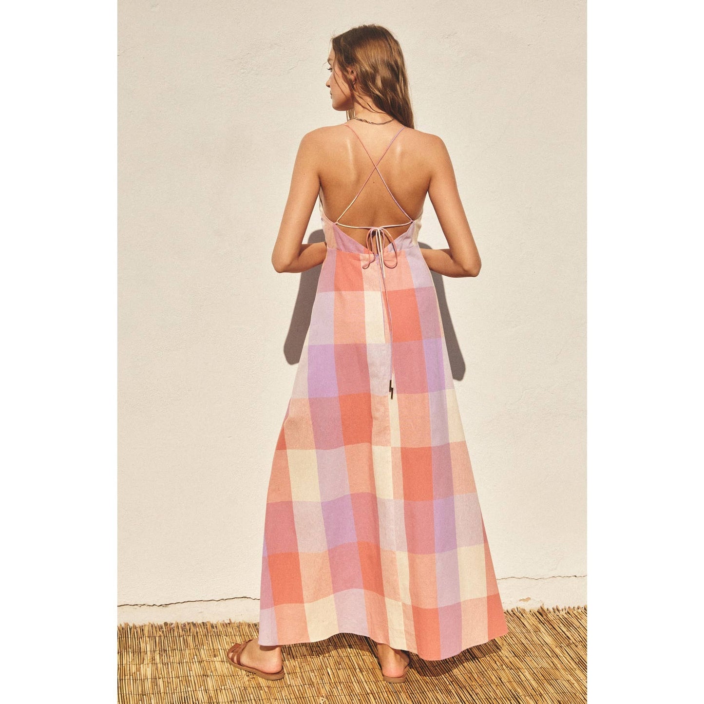 Pastel Checkered Knot Front Maxi Dress