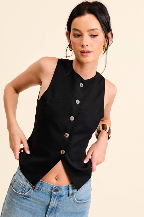 Round-Neck Sleeveless Buttoned Waistcoat Vest