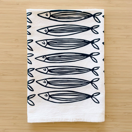 White Sardines 20" Tea Towel - Silkscreened 100% Cotton