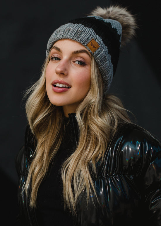 Gray, Charcoal & Black Patterned Pom Hat