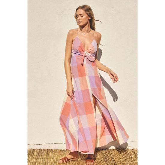 Pastel Checkered Knot Front Maxi Dress