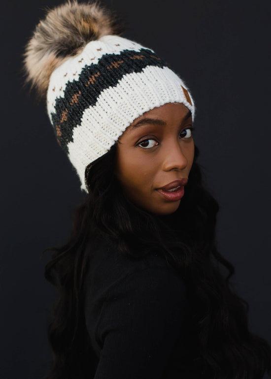 Cream Patterned Pom Hat