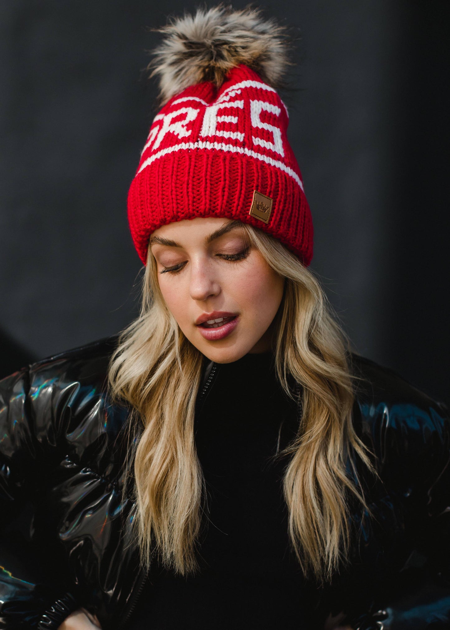 Red & Cream Apres Pom Hat