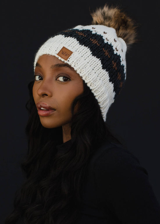 Cream Patterned Pom Hat