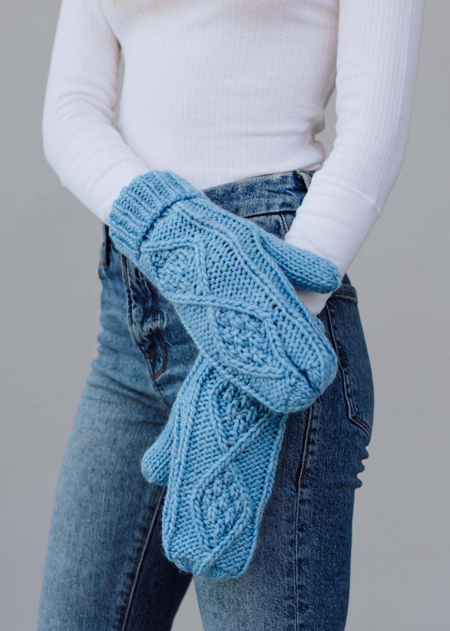 Light Blue Cable Knit Mittens