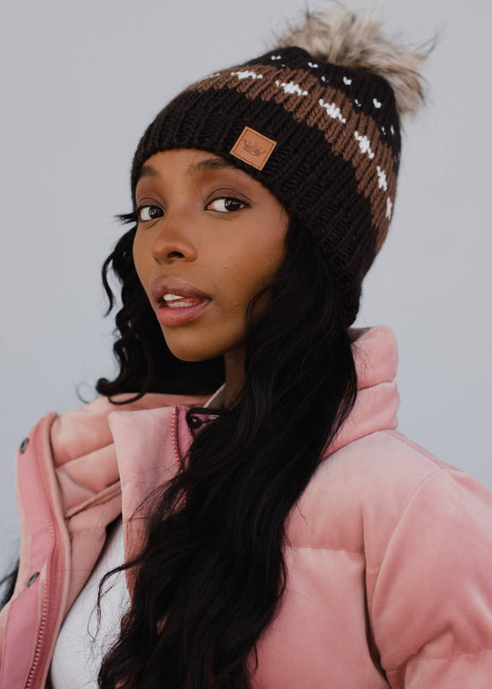 Dark Brown Patterned Pom Hat