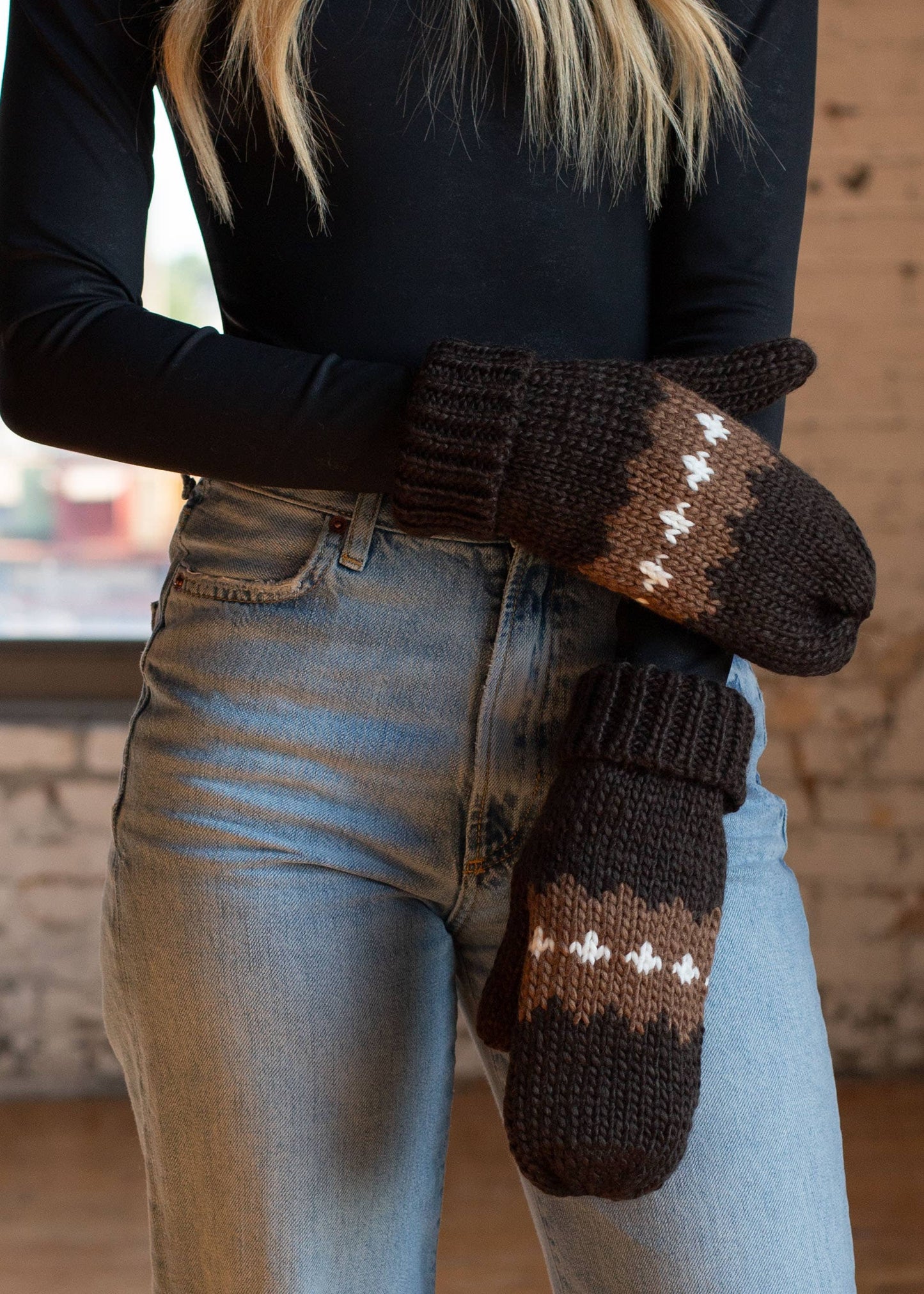 Dark Brown Patterned Knit Mittens